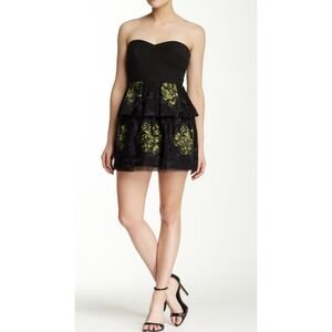 BCBGMAXAZRIA Tia Embroidered Strapless Mini Dress Black Yellow Floral Lace 8P